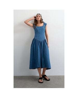 TOPSHOP Denim Drop Waist Midi Dress - Blue