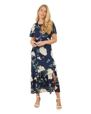 Yumi' Mesh Bird And Floral Print Midi Dress - Blue