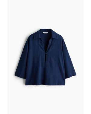 H&M Linen-Blend Popover Shirt - Blue