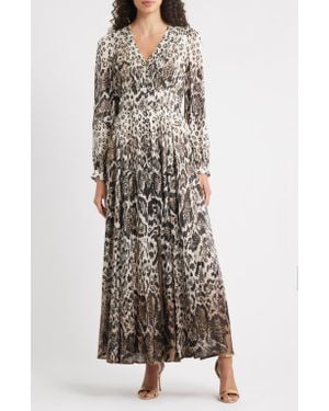 Tahari The Alba Metallic Long Sleeve Silk Maxi Dress - Multicolor