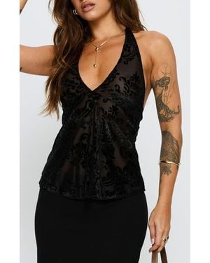 Princess Polly Velvet Burnout Babydoll Halter Top - Black