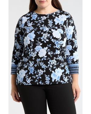 Anne Klein Floral Print Border Top - Black