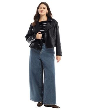 June + Vie Cropped Faux Leather Moto Jacket - Blue