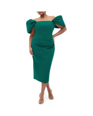 City Chic Elyse Puff Sleeve Sheath Dress - Green