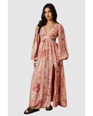 Oasis Long Sleeve Side Cutout Maxi Dress - Red