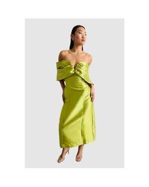 Warehouse Petite Satin Twill Bardot Midi Dress - Green