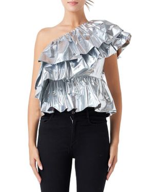 Endless Rose Metallic Tiered One-Shoulder Peplum Top - Blue