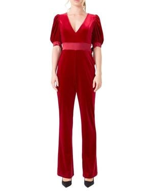 Endless Rose Bow Tie Velvet Jumpsuit - Red