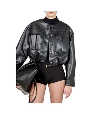 Endless Rose Gathered Hem Faux Leather Jacket - Black