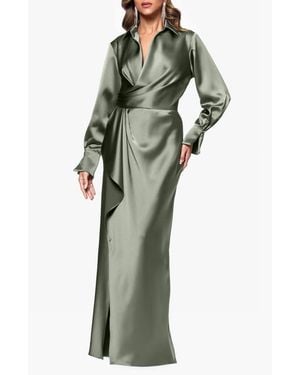 Xscape Evenings Collar Long Sleeve Satin Gown - Green