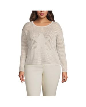 Lands' End Plus Size Cotton Viscose Mesh Jacquard Crew Neck Sweater - Gray