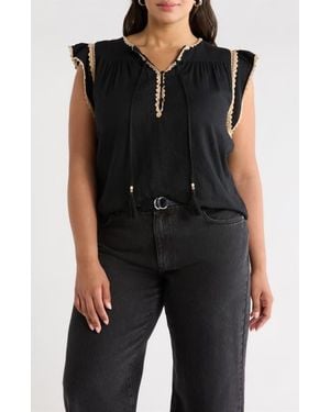 Treasure & Bond Crochet Trim Linen Blend Top - Black