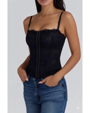 Popilush Leopard Lace Faux Denim Detachable Strap Corset Bustier - Blue