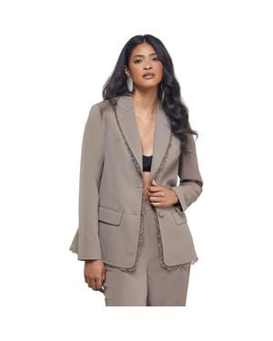 Warehouse Oversized Lace Frill Trim Blazer - Gray