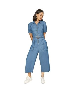 Yumi' Cotton Chambray Button Up Jumpsuit - Blue