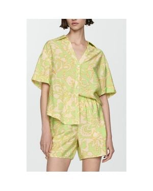 Mango Floral Short Sleeve Button-Up Shirt - Yellow