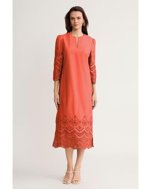 Ming Wang Eyelet Straight Cotton Maxi Dress - Red