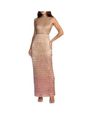 Mac Duggal Sleeveless Beaded Mock Neck Fringe Column Gown - Multicolor