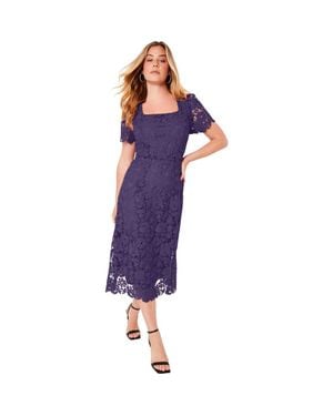 June + Vie Square-Neck Lace Midi Dress - Purple