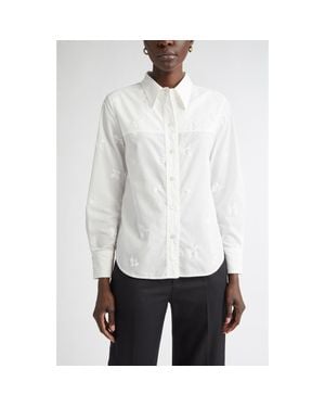 St. John Sequin Floral Embroidered Button-Up Shirt - White