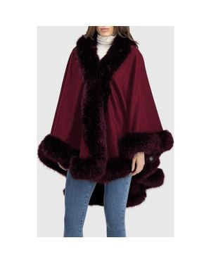 Lyla Grant Cashmere & Wool Blend Cape With Fur-Free Fox (Faux Fur) Trim - Red