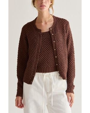 Crescent Basket Weave Knit Cardigan Tank Two Piece Set - Brown