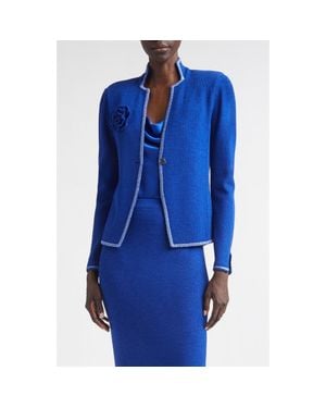 St. John Betsey Rosette Embellished Legacy Crepe Knit Jacket - Blue