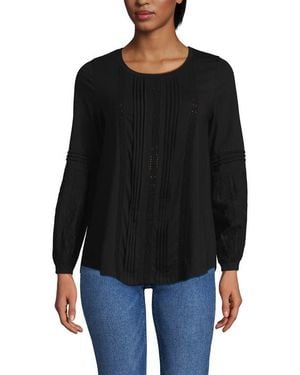 Lands' End Lightweight Jersey Lace Mix Long Sleeve Pintuck Top - Black