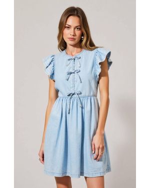 Modenaire Sleeveless Ruffle Denim Mini Dress With Bow-Tie Front - Blue