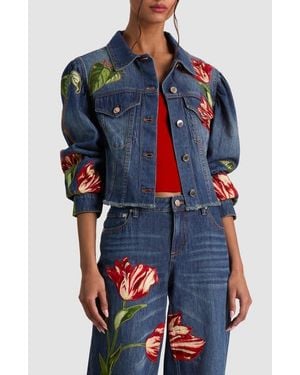 Alice + Olivia Elijah Embroidered Appliqué Denim Jacket - Blue