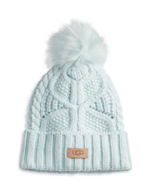 UGG Faux Fur Pompom Cable Knit Beanie - Blue
