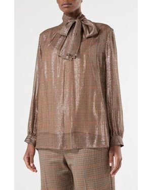 Marina Rinaldi Silk Blend Metallic Tie Neck Shirt - Brown