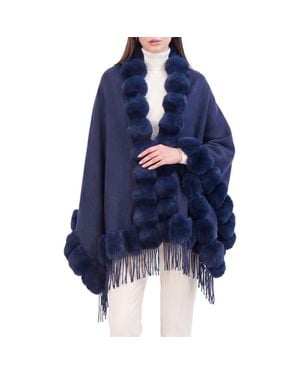 Lyla Grant Cashmere & Wool Blend Cape With Fur-Free Chinchilla (Faux Fur) Trim - Blue