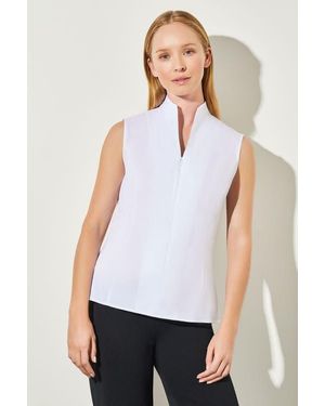 Ming Wang Sleeveless Zip-Up Stretch Cotton Shirt - White
