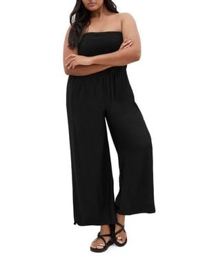 City Chic Ally Smocked Strapless Wide Leg Jumpsuit - Black
