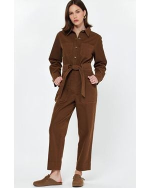 Modenaire Ribbed Long-Sleeve Jumpsuit With Patch Pockets - Brown