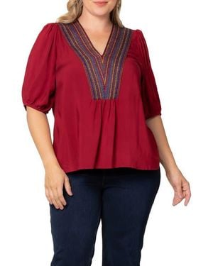 Kiyonna Tacoma Trimmed V-Neck Top - Red