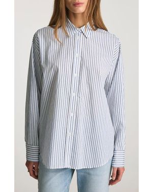 Mavi Stripe Relaxed Fit Cotton Blend Button-Up Shirt - Blue