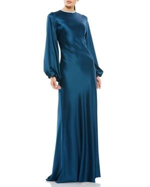 Mac Duggal Petite Beaded High Neck Bishop Sleeve Satin Gown - Blue
