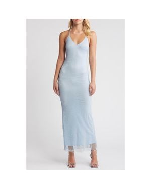 Rare London Diamante Mesh Halter Neck Gown - Blue