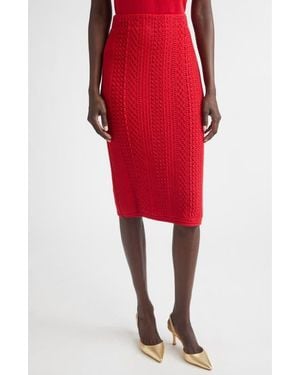 St. John Cotton Blend Mixed Stitch Sweater Skirt - Red