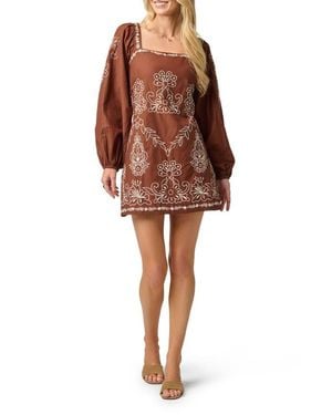 Adrianna Papell Embroidered Long Sleeve Minidress - Brown