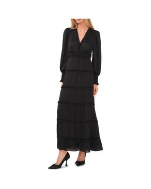 Cece Ruffle Long Sleeve Satin Maxi Dress - Black