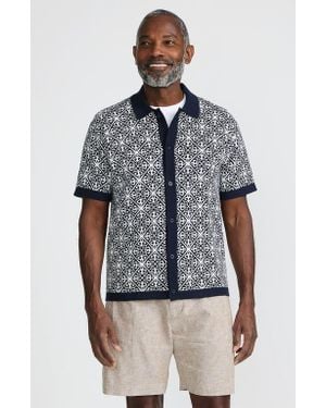 Lands' End Short Sleeve Tile Jacquard Button Down Sweater Polo - Blue