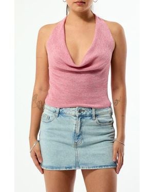 PacSun Athena Cowl Halter Neck Metallic Knit Top - Blue