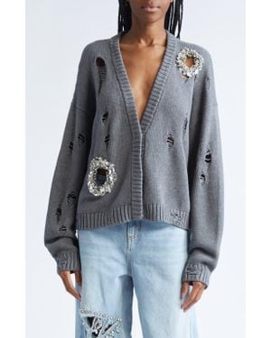 Area Distressed Crystal Cotton & Cashmere Cardigan - Gray