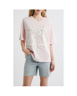 THE VINYL ICONS Numeral Floral Appliqué Cotton Blend T-Shirt - Gray
