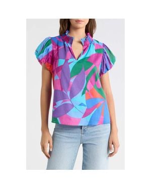 Sugarlips Vemmy Abstract Puff Sleeve Cotton Top - Blue