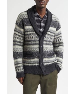 Beams Plus Shaggy Fair Isle Shawl Collar Cardigan - Black