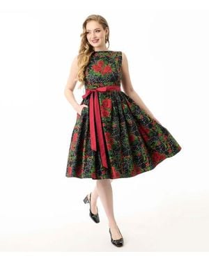 Unique Vintage Sleeveless Belted Swing Dress - Red